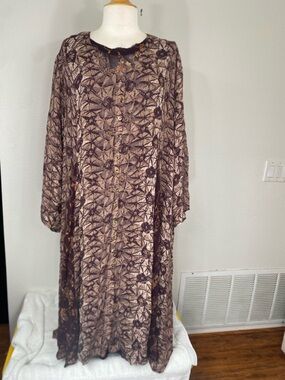 Vintage Women's Lola P. Brown Floral Chiffon Midi Dress Size Medium Laggenlook